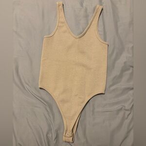 Women's Ribbed V-Neck Beige Bodysuit